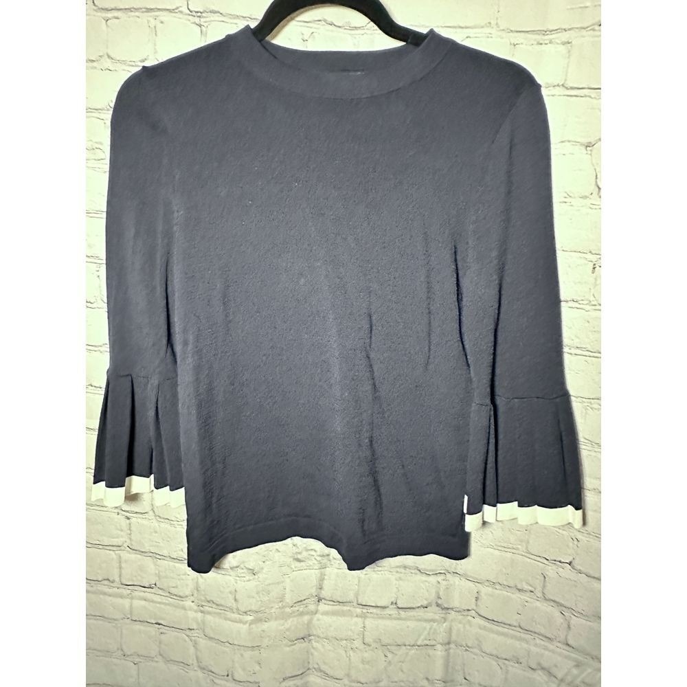 Ann Taylor Factory Navy Blue Pleated Bell Sleeve Knit Sweater XS 3/4 Sleeve
